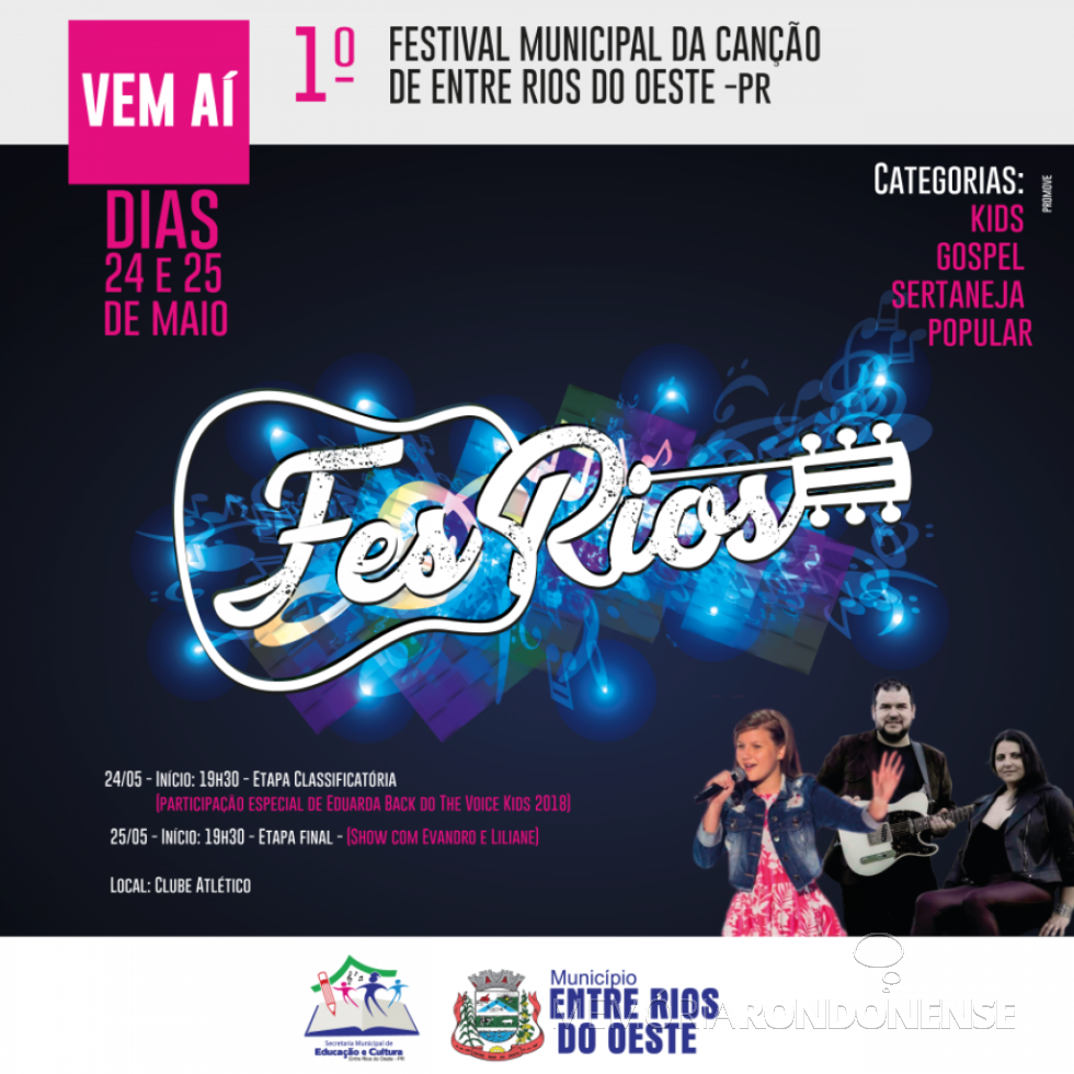Cartaz-convite do 1º Festival Municipal da Canção de Entre Rios do Oeste - FESRIOS.
Imagem: Acervo AquiAgora.net - FOTO 5 - 