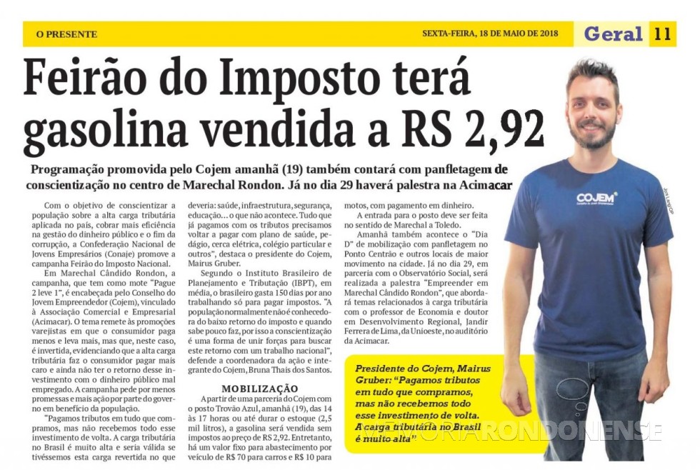 Publicação do jornal O Presente referente a campanha da Feirão do Imposto, movimentado pelo Cojem de Marechal Cândido Rondon - FOTO 6 - 