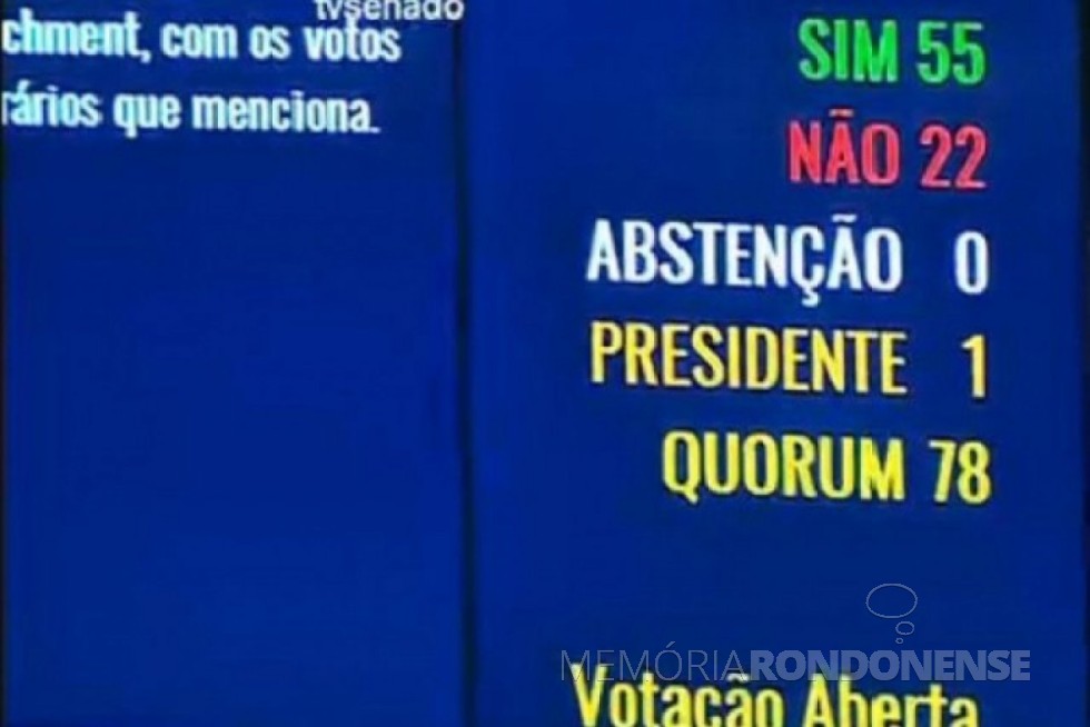 Placar da votação do impeachment da Presidente Dilma Rousseff. Imagem: agênciabrasil - FOTO 6 –