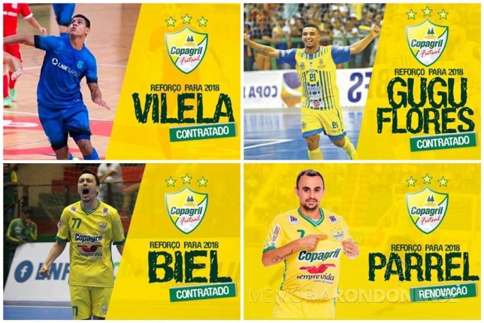 Quadro com as imagens dos jogadores contratados pela Copagril Futsal para a temporada 2018, anunciados no dia 02 de janeiro.  
Imagens: Acervo Imprensa Copagril - Montagem: Tioni de Oliveira - FOTO 12 - 
