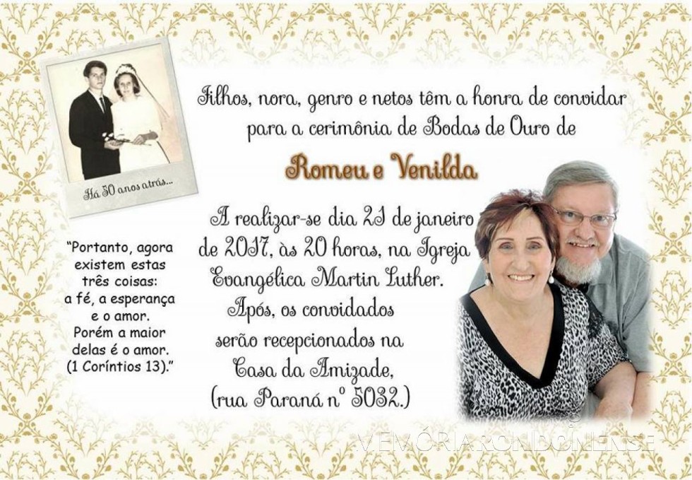 Convite para a celebração das Bodas de Ouro do casal Romeu e Venilda Saatkamp. 
Imagem: Acervo do casal no Facebook - FOTO 17 - 