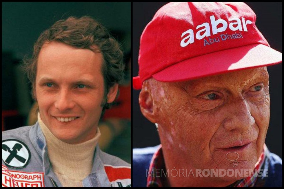 Piloto austríaco Niki Lauda morto em maio de 2019, em imagens  antes e depois do acidente com o rosto transformado por causa das queimaduras e cirurgias plásticas. 
Imagem: NY Times - FOTO 19 - 
