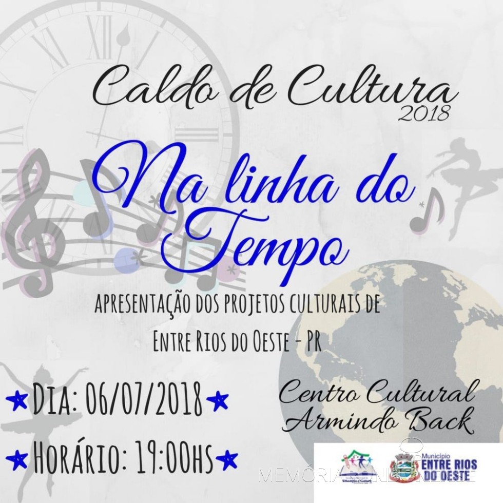 Cartaz-convite para o Caldo Cultural 2018, de Entre Rios do Oeste. 
Imagem: Imprensa PM-Entre Rios do Oeste - FOTO 8 - 