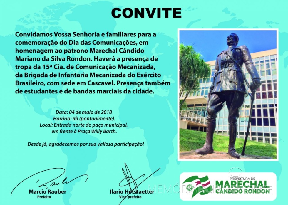 Convite expedido pela Administração Pública de Marechal Cândido Rondon para a comemoração do Dia das Comunicações. 
Imagem: Acervo Imprensa - PM-MCR - FOTO 8 - 