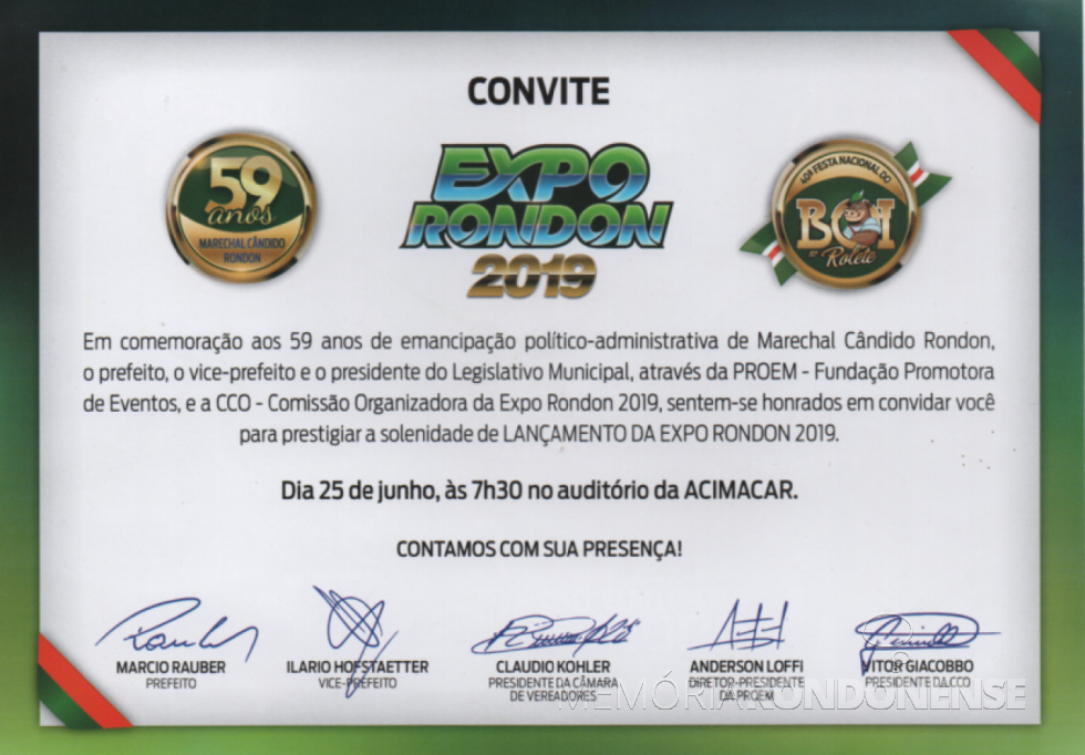 Convite (anverso) para o lançamento da Expo Rondon 2019, em junho de 2019.
Imagem: Acervo Memória Rondonense - FOTO 20 - 